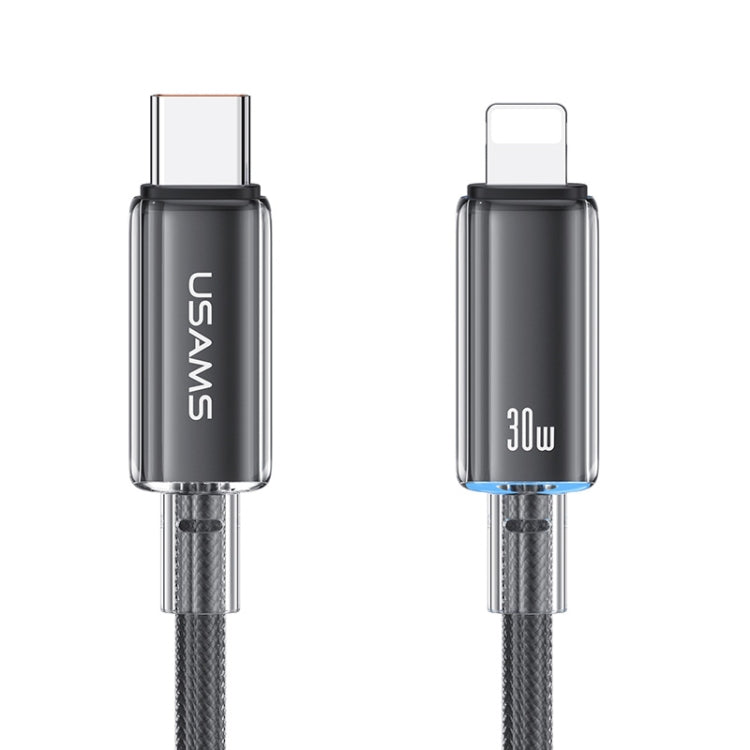 USAMS Type-C To 8 Pin Aluminum Alloy Clear LED 30W PD Fast Charge Data Cable, Length:1.2m(Black) - HoMEdemic™ 