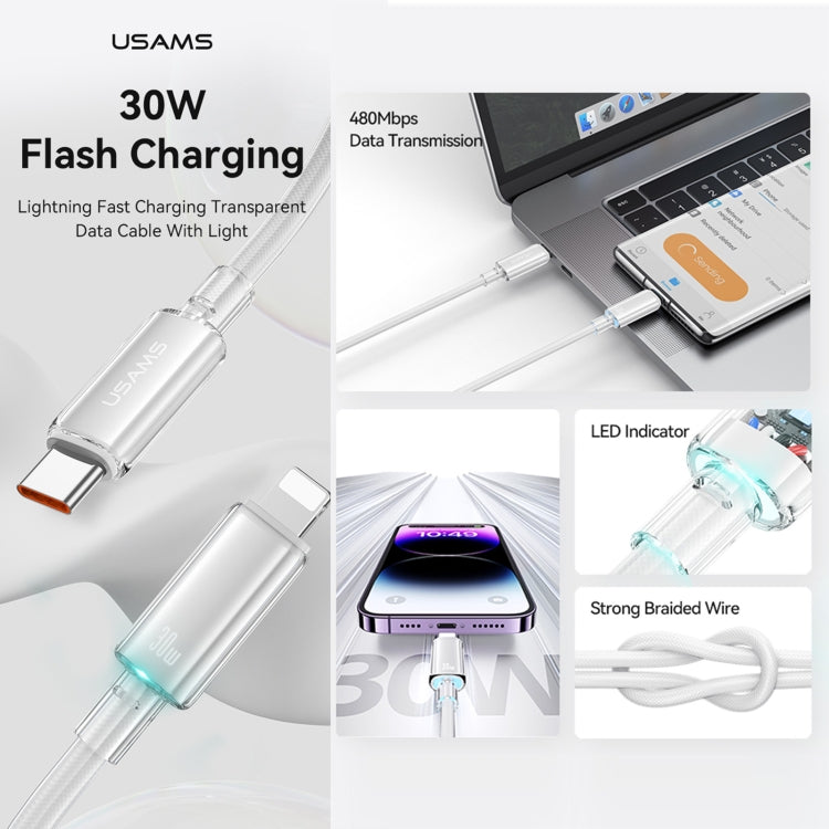 USAMS Type-C To 8 Pin Aluminum Alloy Clear LED 30W PD Fast Charge Data Cable, Length:1.2m(Black) - HoMEdemic™ 