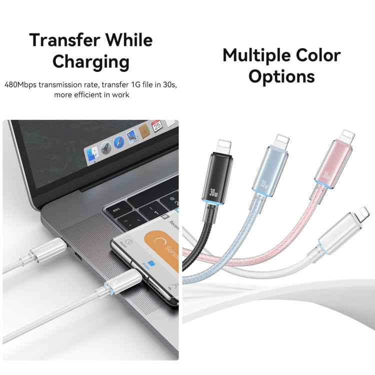 USAMS Type-C To 8 Pin Aluminum Alloy Clear LED 30W PD Fast Charge Data Cable, Length:1.2m(Black) - HoMEdemic™ 
