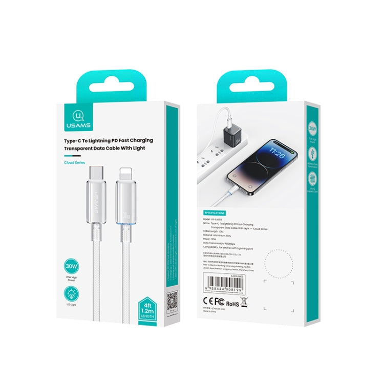 USAMS Type-C To 8 Pin Aluminum Alloy Clear LED 30W PD Fast Charge Data Cable, Length:1.2m(Black) - HoMEdemic™ 