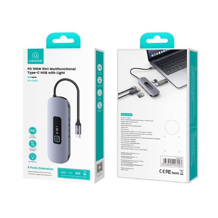 USAMS US-SJ643 PD100W 8 in 1 Aluminum Alloy Multifunctional Type-C HUB with Light(Metal Grey) - HoMEdemic™ 