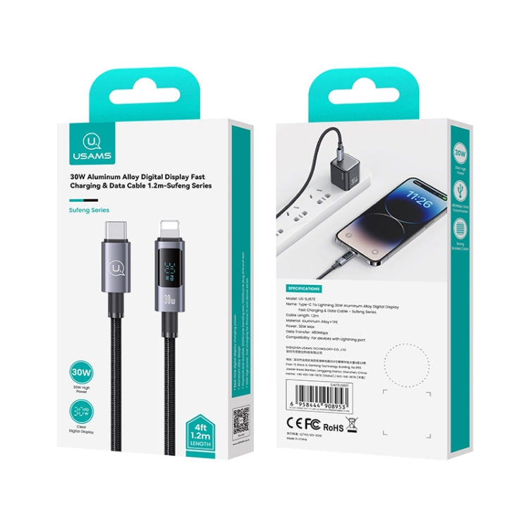 USAMS US-SJ672 Type-C To 8 Pin 30W Fast Charge Digital Display Data Cable, Length: 1.2m(Black) - HoMEdemic™ 