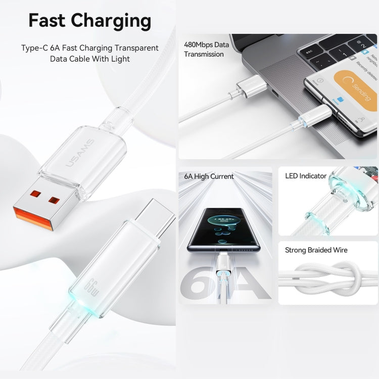 USAMS USB To Type-C 6A Aluminum Alloy Clear LED Fast Charge Data Cable, Length: 1.2m(Black) - HoMEdemic™ 