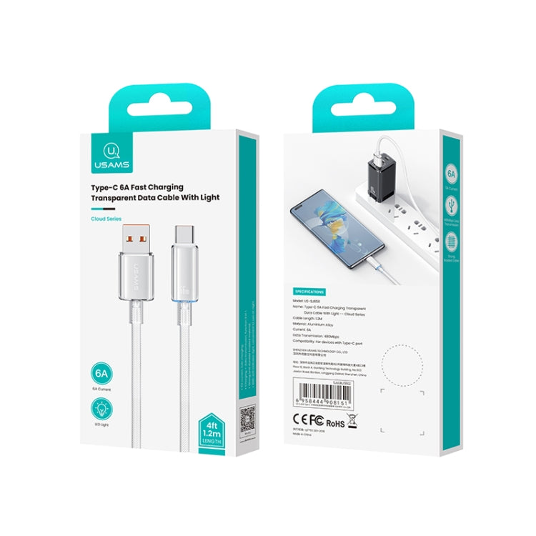 USAMS USB To Type-C 6A Aluminum Alloy Clear LED Fast Charge Data Cable, Length: 1.2m(Black) - HoMEdemic™ 