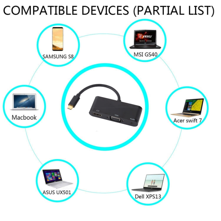USB 2.0 + Audio Port + VGA + HDMI to USB-C / Type-C HUB Adapter, Black - HoMEdemic™ 