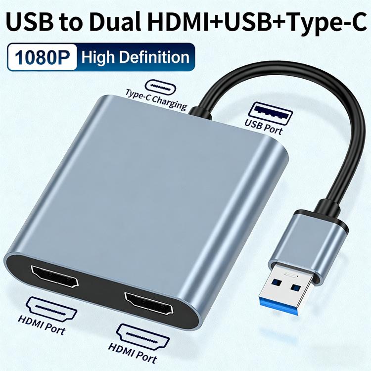 USB 3.0 To Dual HDMI, USB, USB-C / Type-C High Definition Converter 4K USB Same Screen Extender(Grey) - HoMEdemic™ 