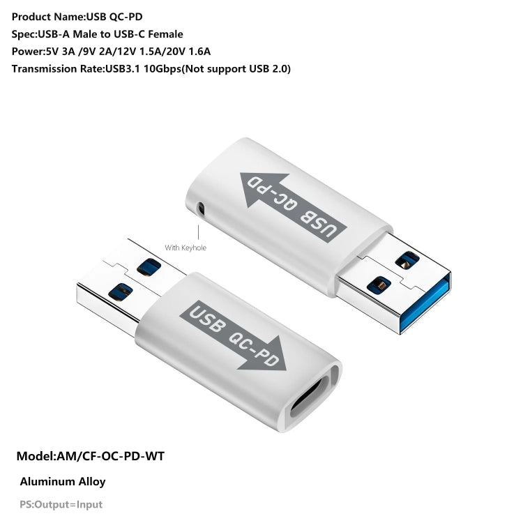 USB-A  Male QC3.1 to Type-C Female PD 10Gbps Converter Adapter, Model:White without Indicator Light - HoMEdemic™ 