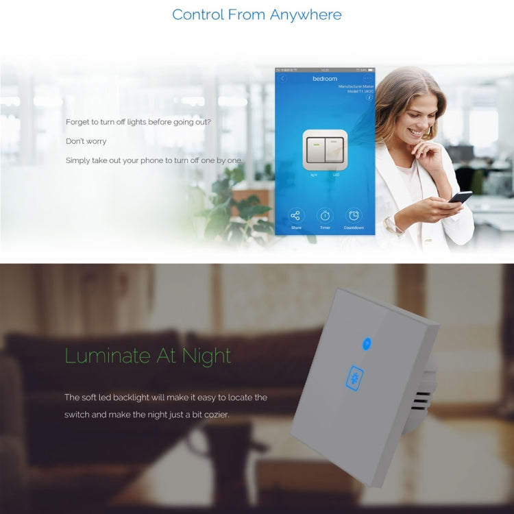 WS-EU-01 EWeLink APP & Touch Control 2A 1 Gang Tempered Glass Panel Smart Wall Switch, AC 90V-250V, EU Plug, 1 Gang - HoMEdemic™ 