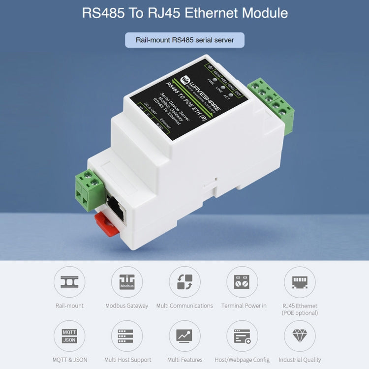 Waveshare Din Rail RS485 to RJ45 Serial Server with POE Function, 23273 - HoMEdemic™ 