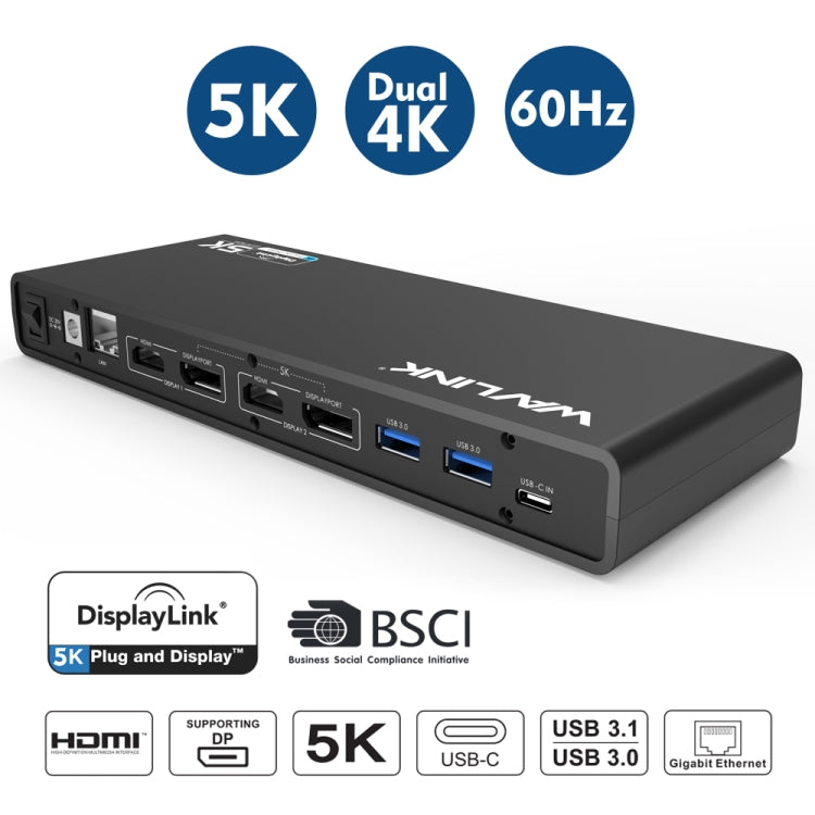 Wavlink UG69DK1 5K Type-C Dual Display USB 3.0 Video Gigabit Ethernet HDMI Docking Station, Plug:UK Plug - HoMEdemic™ 