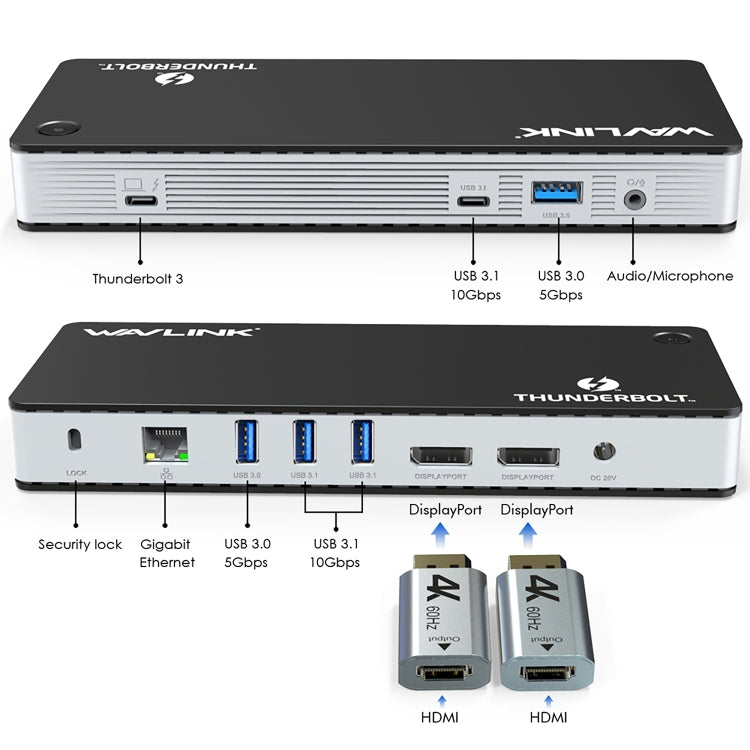 Wavlink UTD21H 60W Host Charging Thunderbolt 3 Docking Station 4K Dual Display 11 in 1 Ports, Plug:US Plug - HoMEdemic™ 