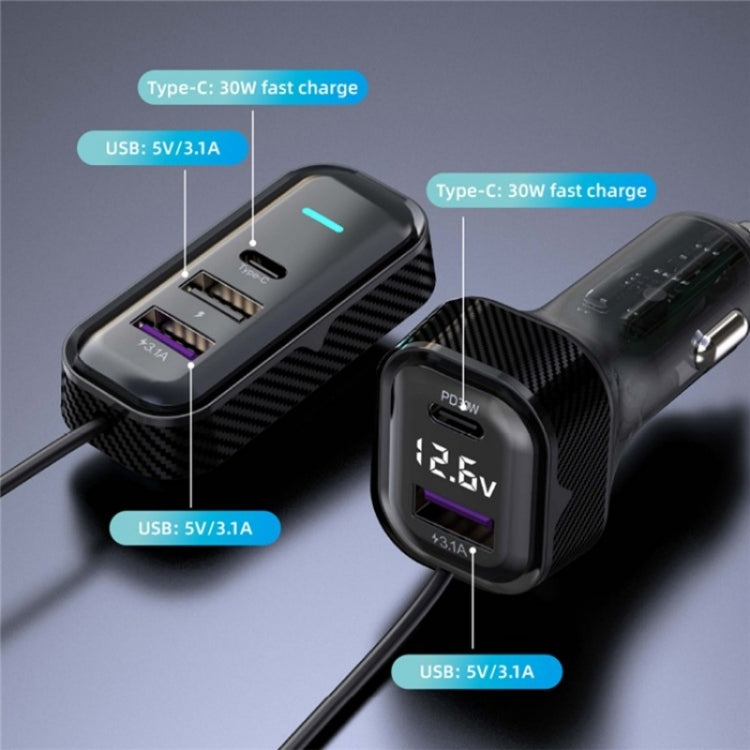 YQ6 PD 30W Fast Charging 2 x Type-C + 3 x USB Car Charger with 1.5m Extension Cable - HoMEdemic™ 