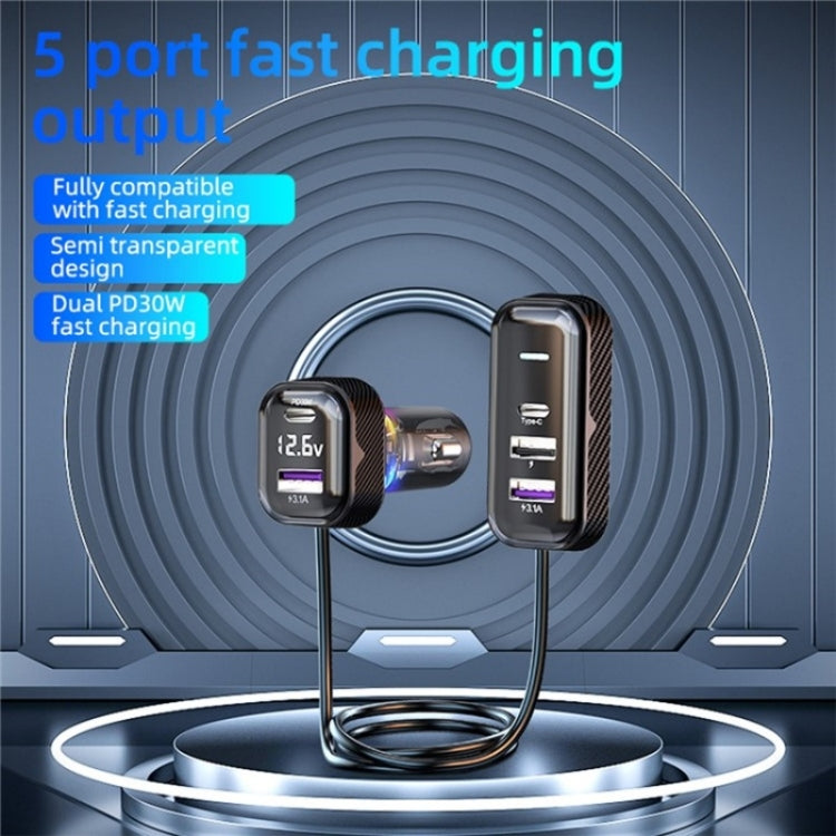 YQ6 PD 30W Fast Charging 2 x Type-C + 3 x USB Car Charger with 1.5m Extension Cable - HoMEdemic™ 