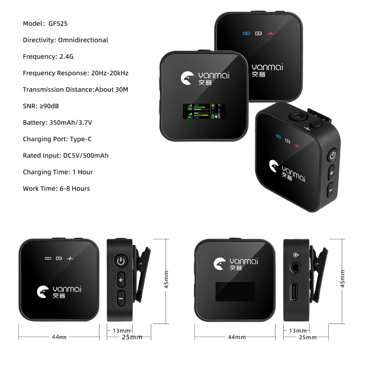 Yanmai GF525 2 in 1 Broadcast 2.4G Wireless Lavalier Microphone Mini Clip-on Mic with LED Display - HoMEdemic™ 