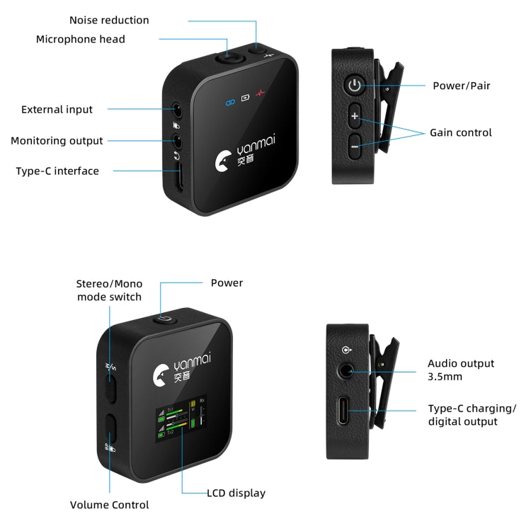 Yanmai GF525 2 in 1 Broadcast 2.4G Wireless Lavalier Microphone Mini Clip-on Mic with LED Display - HoMEdemic™ 
