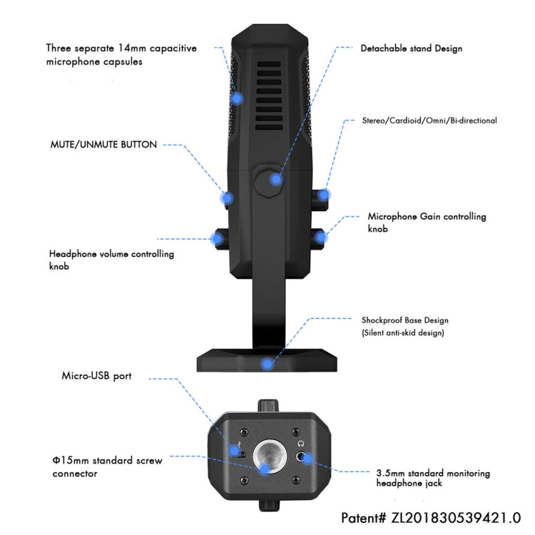Yanmai SF-900 Multi-function Four Directivity Studio Recording Condenser Microphone with Desktop Stand - HoMEdemic™ 