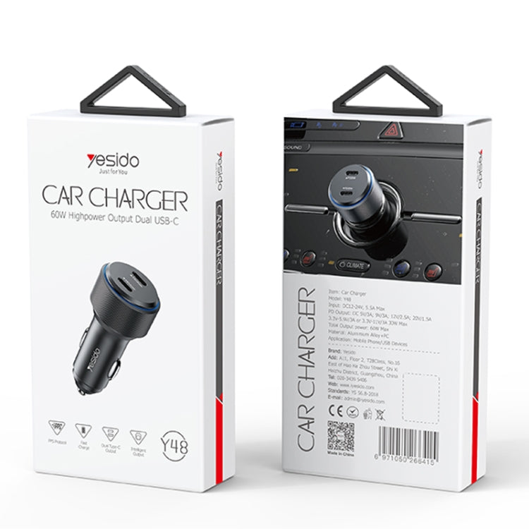 Yesido Y48  60W Car Fast Charger Aluminum Aluminum Double Type-C/USB-C Port Car Charger(Black) - HoMEdemic™ 