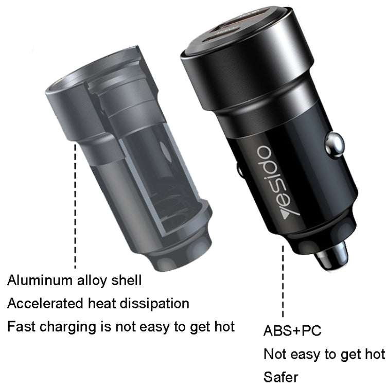 Yesido Y54 With 8 Pin To Type-C/USB-C Line Car Charger QC3.0+PD30W Type-C/USB-C+USB Dual Port Quick Charge(Black) - HoMEdemic™ 