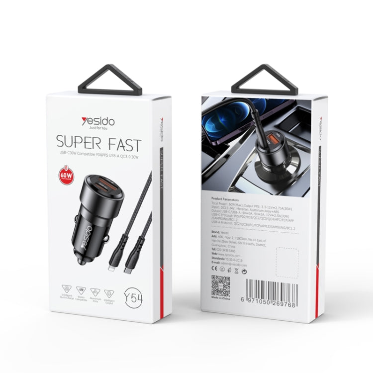 Yesido Y54 With 8 Pin To Type-C/USB-C Line Car Charger QC3.0+PD30W Type-C/USB-C+USB Dual Port Quick Charge(Black) - HoMEdemic™ 