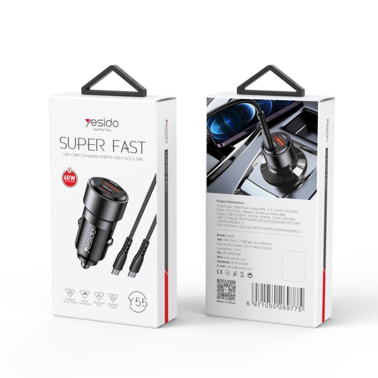 Yesido Y55 With Double Type-C/USB-C Port Line Car Charger QC3.0+PD30W Type-C/USB-C+USB Dual Port Quick Charge(Black) - HoMEdemic™ 